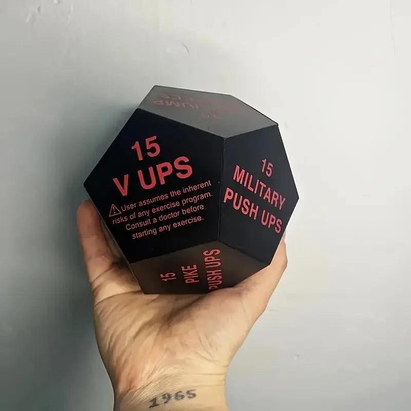 12-Face Fitness Stress Ball- Black with Red Text, 18 Jump Squats & 30 Situps Instructions, Ideal for Hand Grip Strength Training Fit2Great