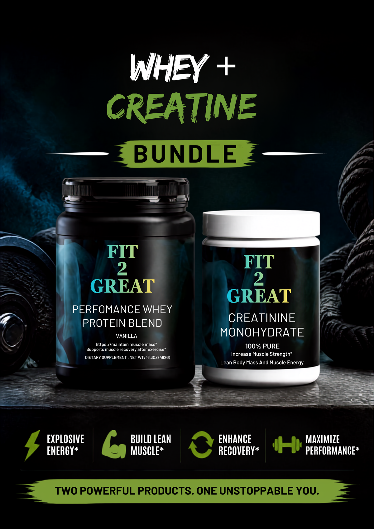 Performance Whey Protein & Creatine Bundle — Muscle Growth, Strength & Workout Support | Vanilla Whey Protein + Creatine Monohydrate