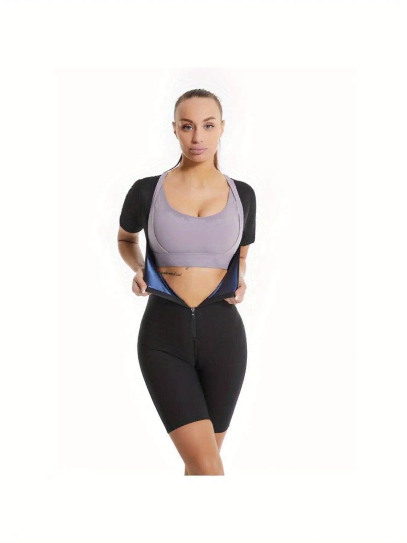 3-in-1 Women's Sweat Vest Activewear - Full Body Shaper & Waist Trainer, Slimming Workout Top with Sleeve Shorts, Moisture-Wicking 92% Polyester/8% Spandex, Machine Washable All-Season Gym & Sauna Suit, Fitness Clothing | Sle Fit2Great
