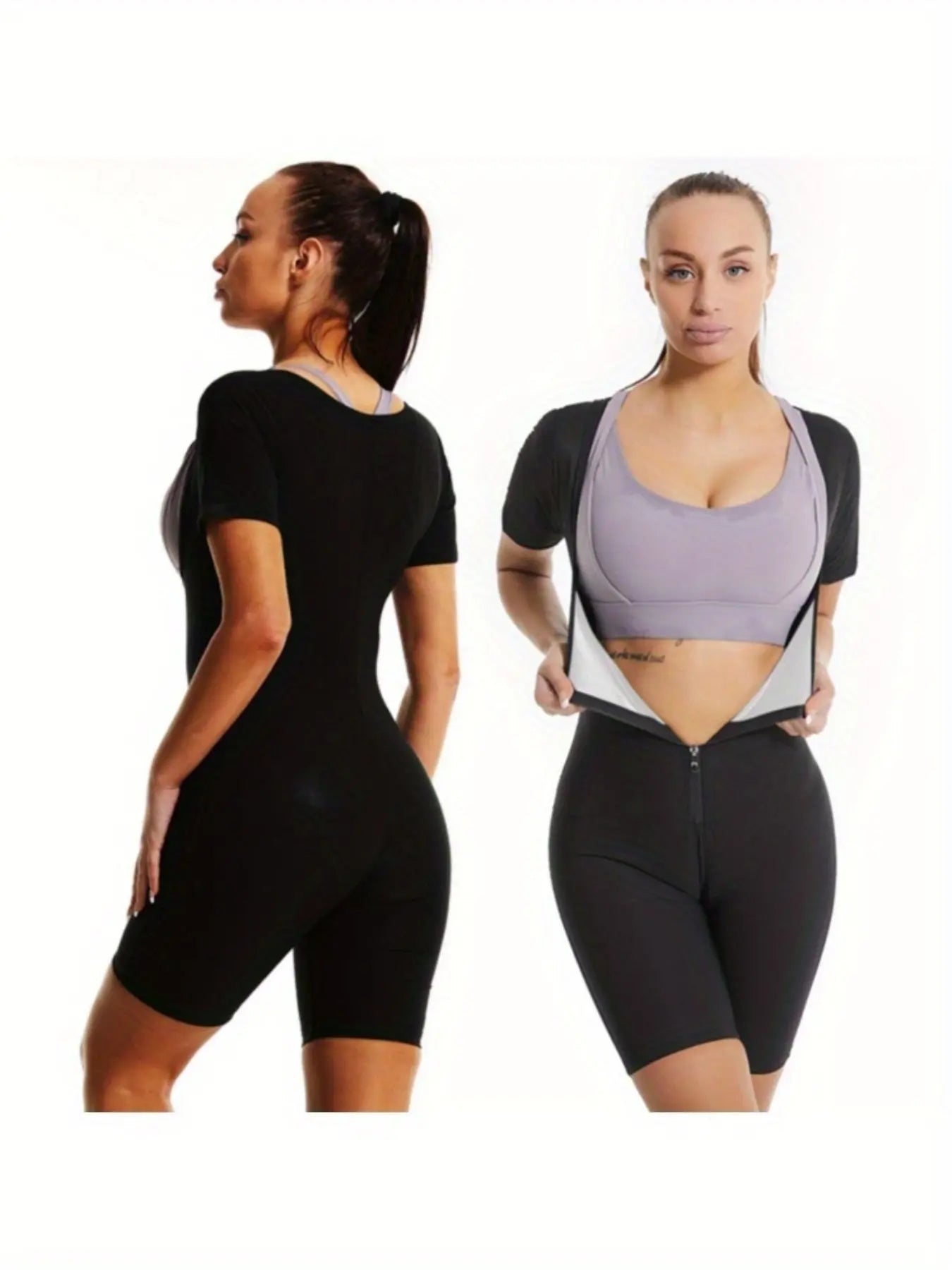 3-in-1 Women's Sweat Vest Activewear - Full Body Shaper & Waist Trainer, Slimming Workout Top with Sleeve Shorts, Moisture-Wicking 92% Polyester/8% Spandex, Machine Washable All-Season Gym & Sauna Suit, Fitness Clothing | Sle Fit2Great
