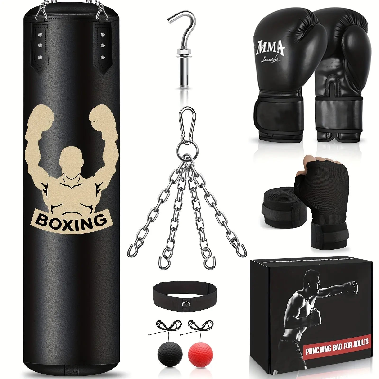 4ft PU Heavy Hanging Punching Bag Set for Adults - Includes 12oz Gloves, Reflex Ball, Wristband - Black PVC Kicking Bag for Karate, Kickboxing, Boxing Training Home Gym (Unfilled), Boxing Training Equipment Fit2Great