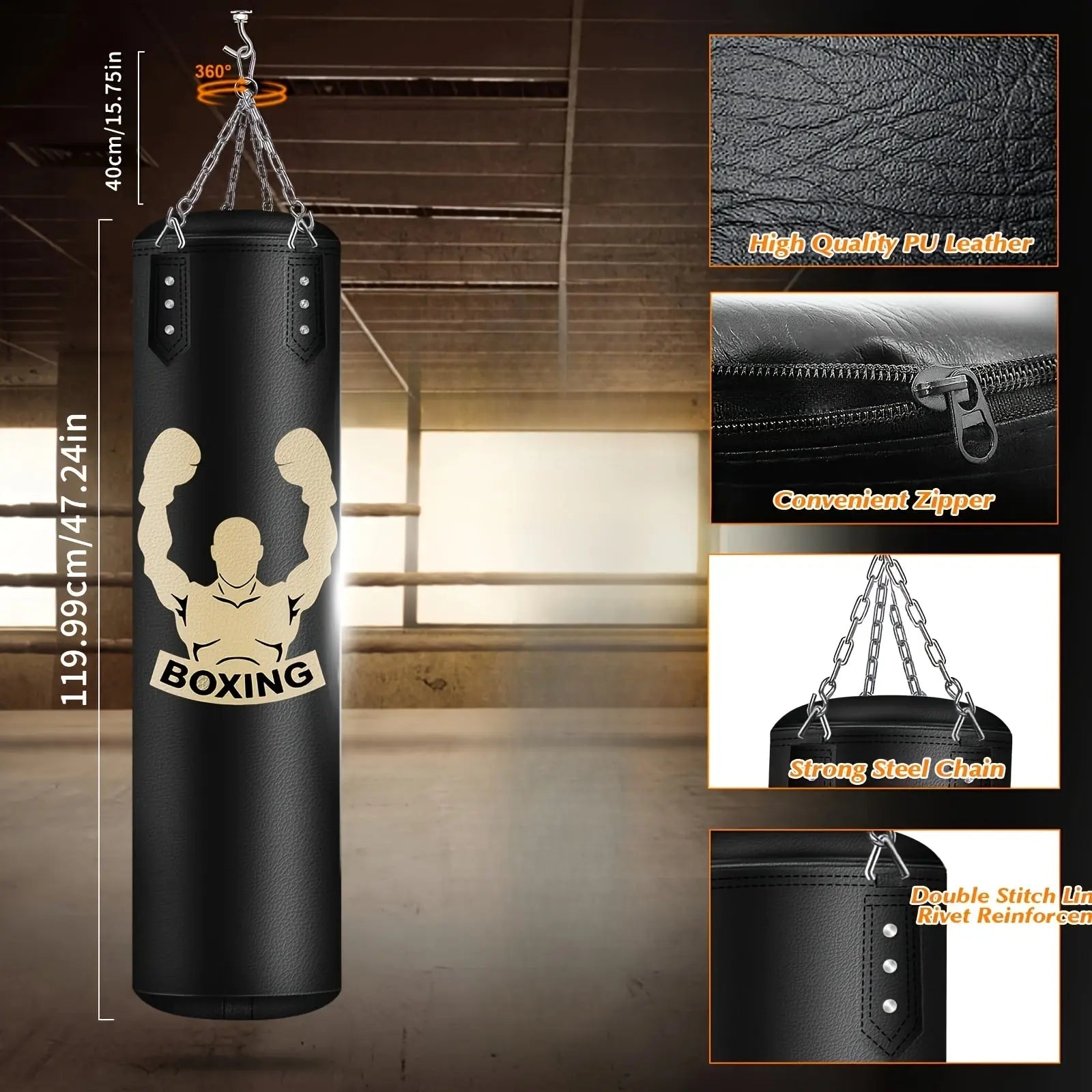 4ft PU Heavy Hanging Punching Bag Set for Adults - Includes 12oz Gloves, Reflex Ball, Wristband - Black PVC Kicking Bag for Karate, Kickboxing, Boxing Training Home Gym (Unfilled), Boxing Training Equipment Fit2Great