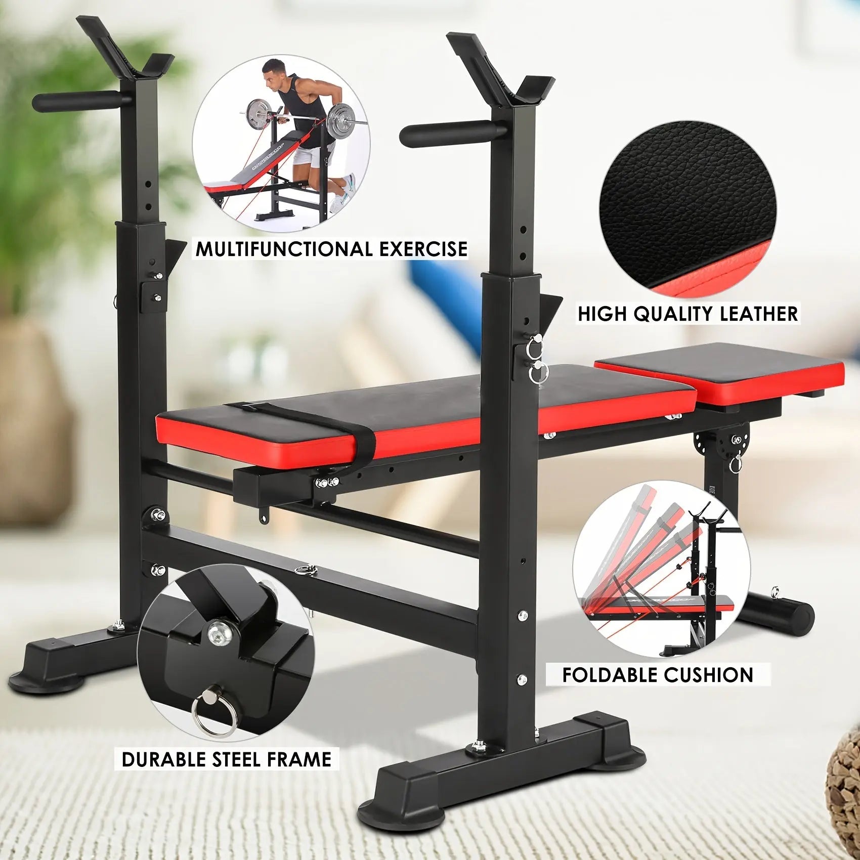 6 in 1 Weight Bench Adjustable Workout Bench Press with Barbell Rack Strength Training for Home Gym Full Body Workout Fit2Great