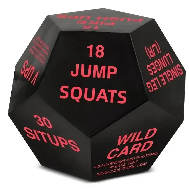 12-Face Fitness Stress Ball- Black with Red Text, 18 Jump Squats & 30 Situps Instructions, Ideal for Hand Grip Strength Training Fit2Great
