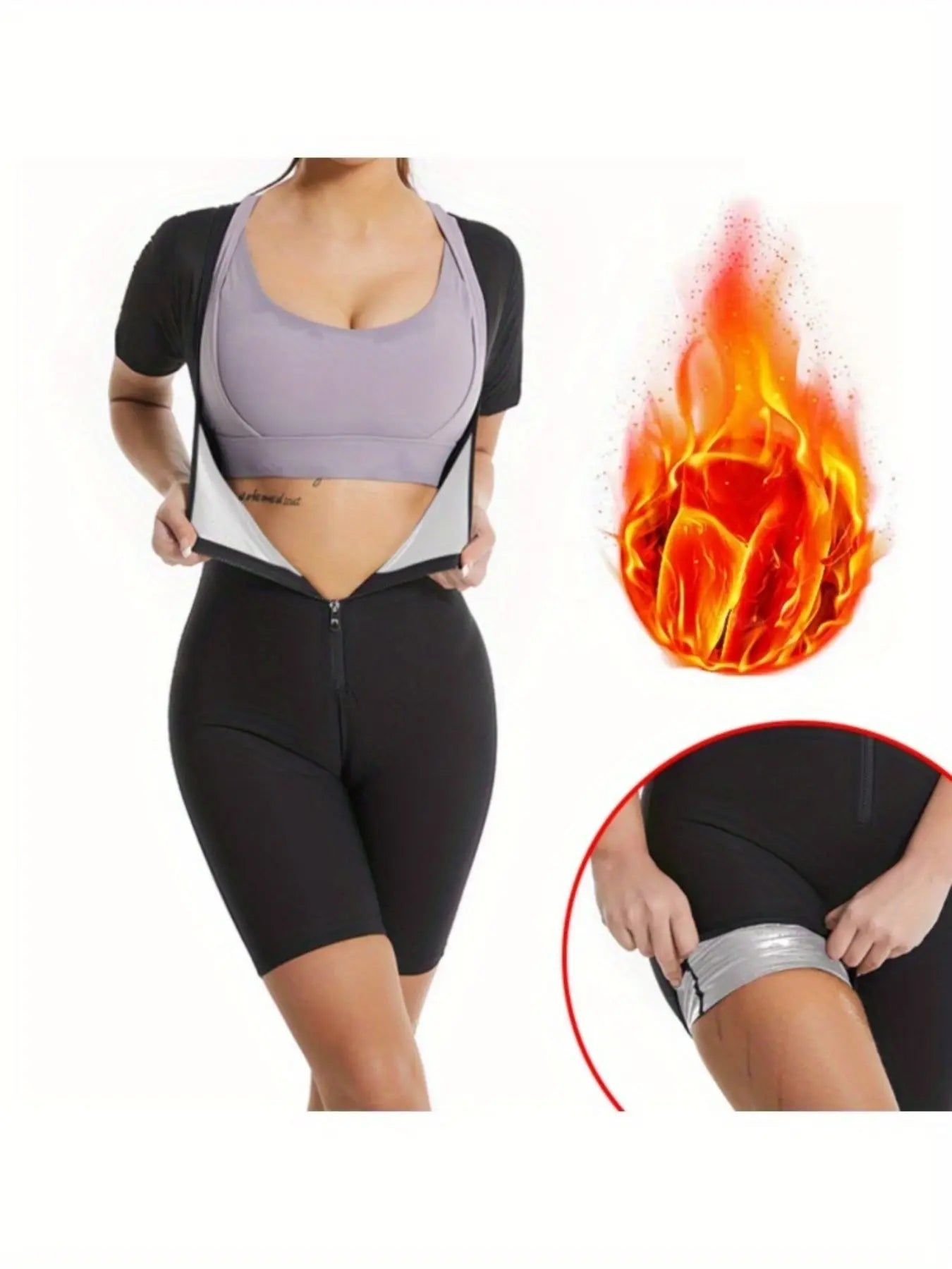 3-in-1 Women's Sweat Vest Activewear - Full Body Shaper & Waist Trainer, Slimming Workout Top with Sleeve Shorts, Moisture-Wicking 92% Polyester/8% Spandex, Machine Washable All-Season Gym & Sauna Suit, Fitness Clothing | Sle Fit2Great