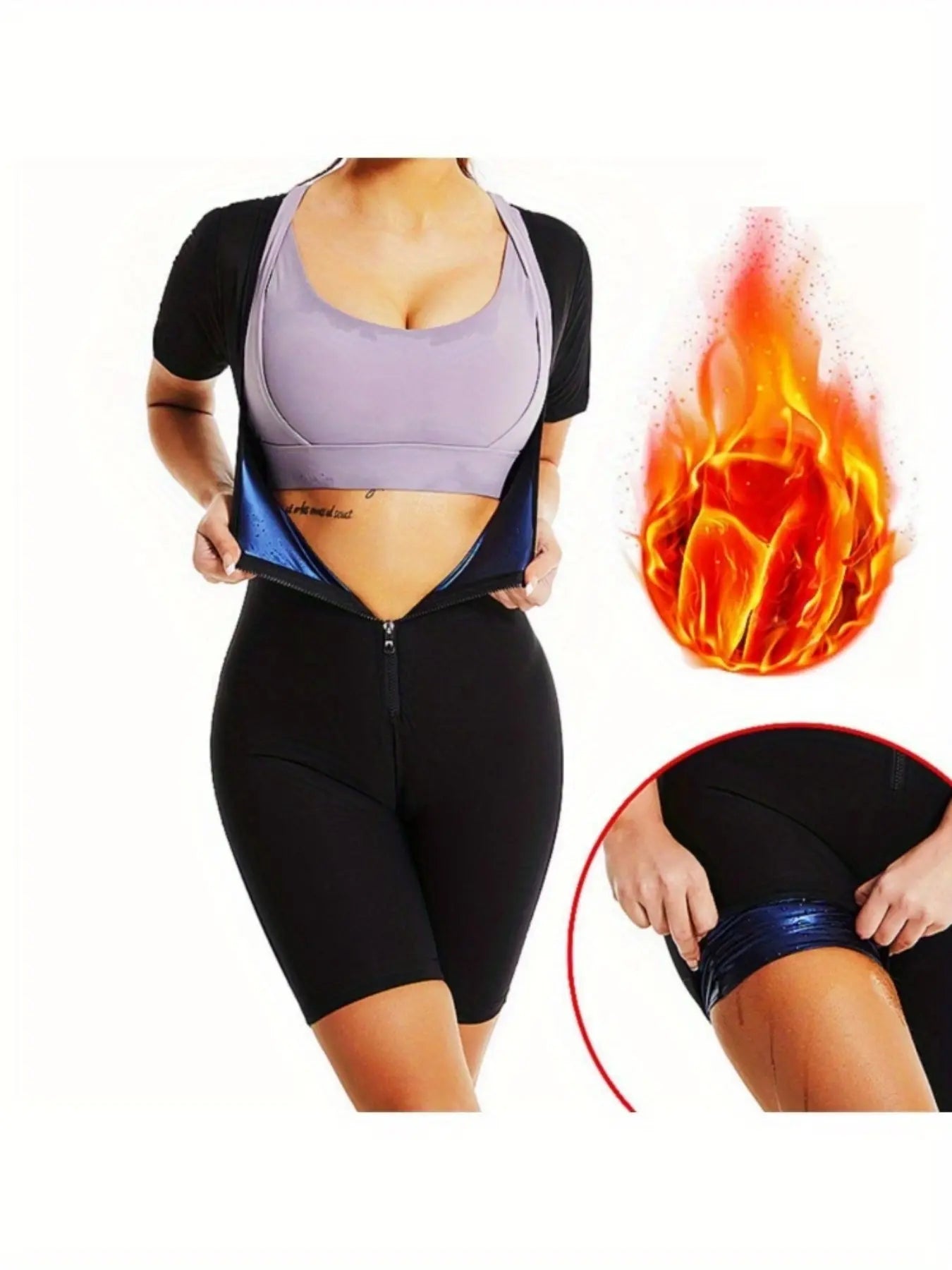 3-in-1 Women's Sweat Vest Activewear - Full Body Shaper & Waist Trainer, Slimming Workout Top with Sleeve Shorts, Moisture-Wicking 92% Polyester/8% Spandex, Machine Washable All-Season Gym & Sauna Suit, Fitness Clothing | Sle Fit2Great