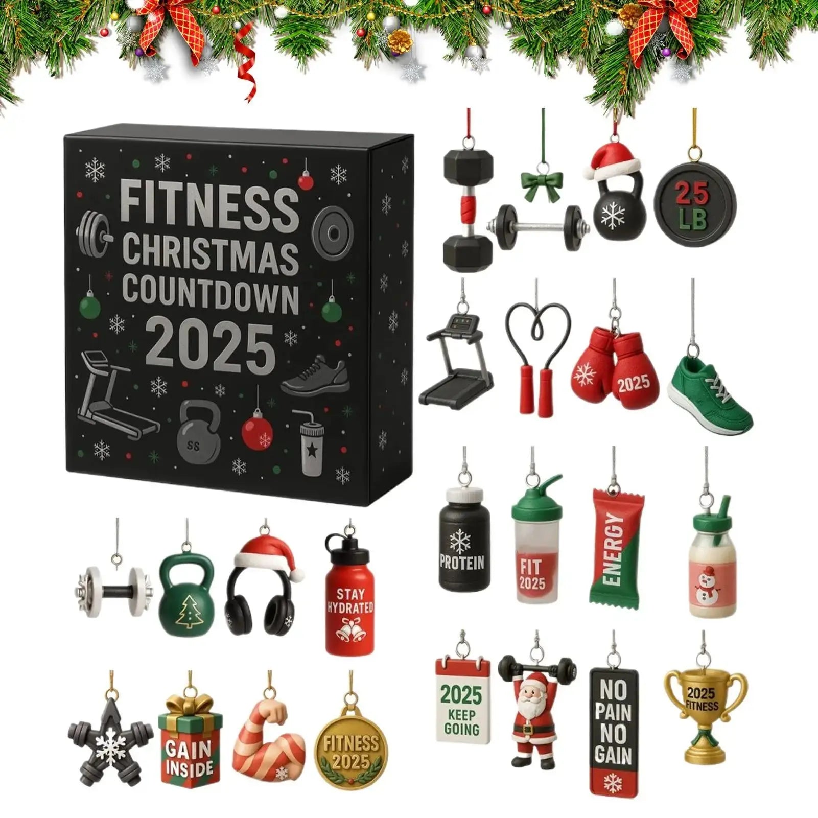Christmas Countdown Calendar 2D Acrylic Ornament 24 Days Fitness Gear Christmas Decoration for Winter Holiday Party Home Gym Fit2Great