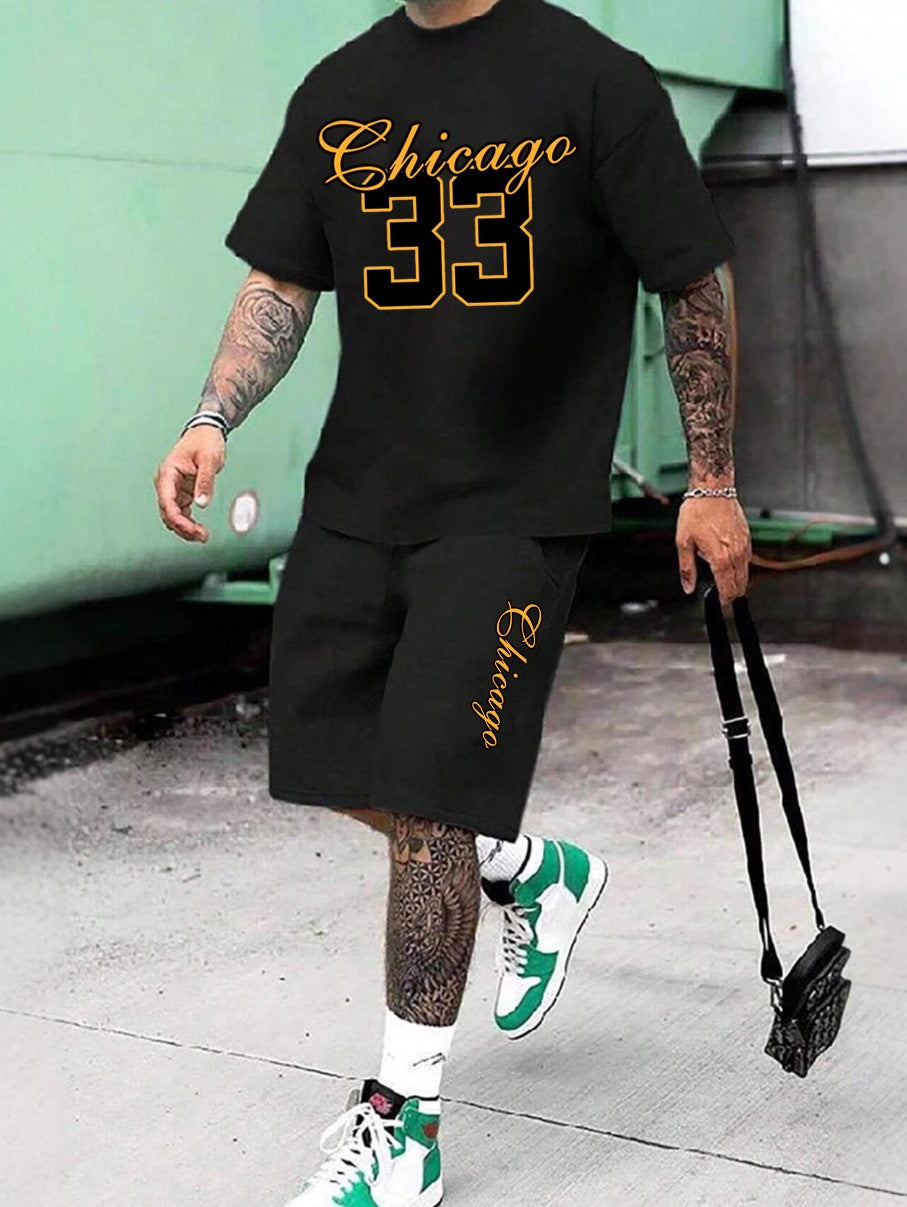 2-Piece Men's Summer T-Shirt Short-Sleeve and Shorts Set, American-Style Simple Design with Number 33 Letter Print, Round Neck Short-Sleeve Fit2Great