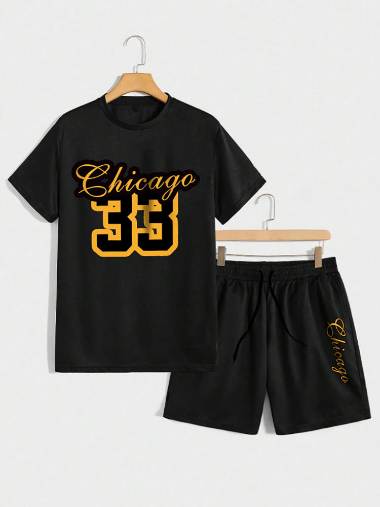 2-Piece Men's Summer T-Shirt Short-Sleeve and Shorts Set, American-Style Simple Design with Number 33 Letter Print, Round Neck Short-Sleeve Fit2Great
