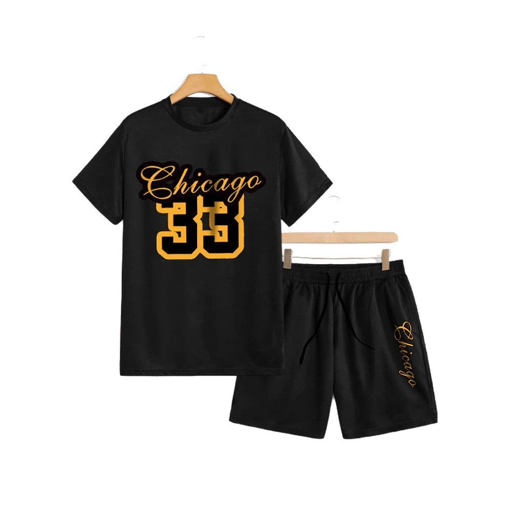 2-Piece Men's Summer T-Shirt Short-Sleeve and Shorts Set, American-Style Simple Design with Number 33 Letter Print, Round Neck Short-Sleeve Fit2Great