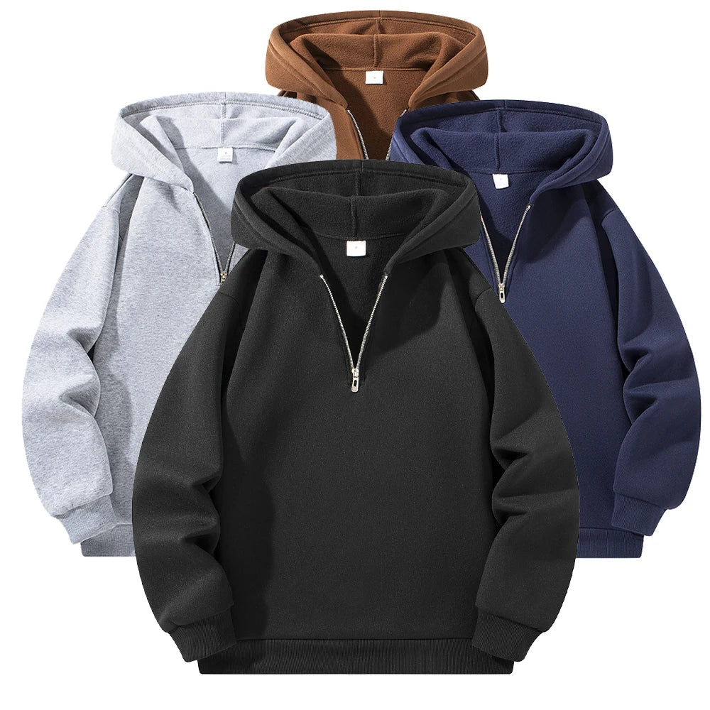 Men's Half Zipper Hooded Hoodies New Solid Color Long Sleeve Sweatshirts Autumn Loose Sport Warm Sweats Fashion Casual Pullover Fit2Great